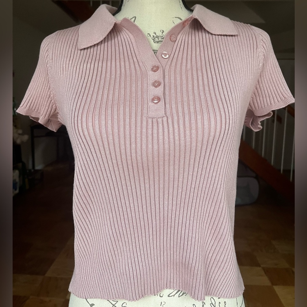 Calvin Klein Jeans Blush Pink Ribbed Polo Button-Down Top